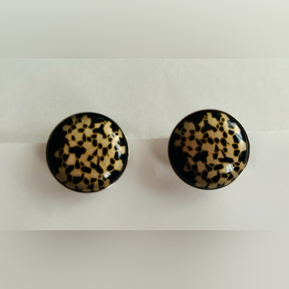 Black Enamel Round Pierced Earring Diameter Silver Enamel with Gold Enamel - Picture 1 of 10